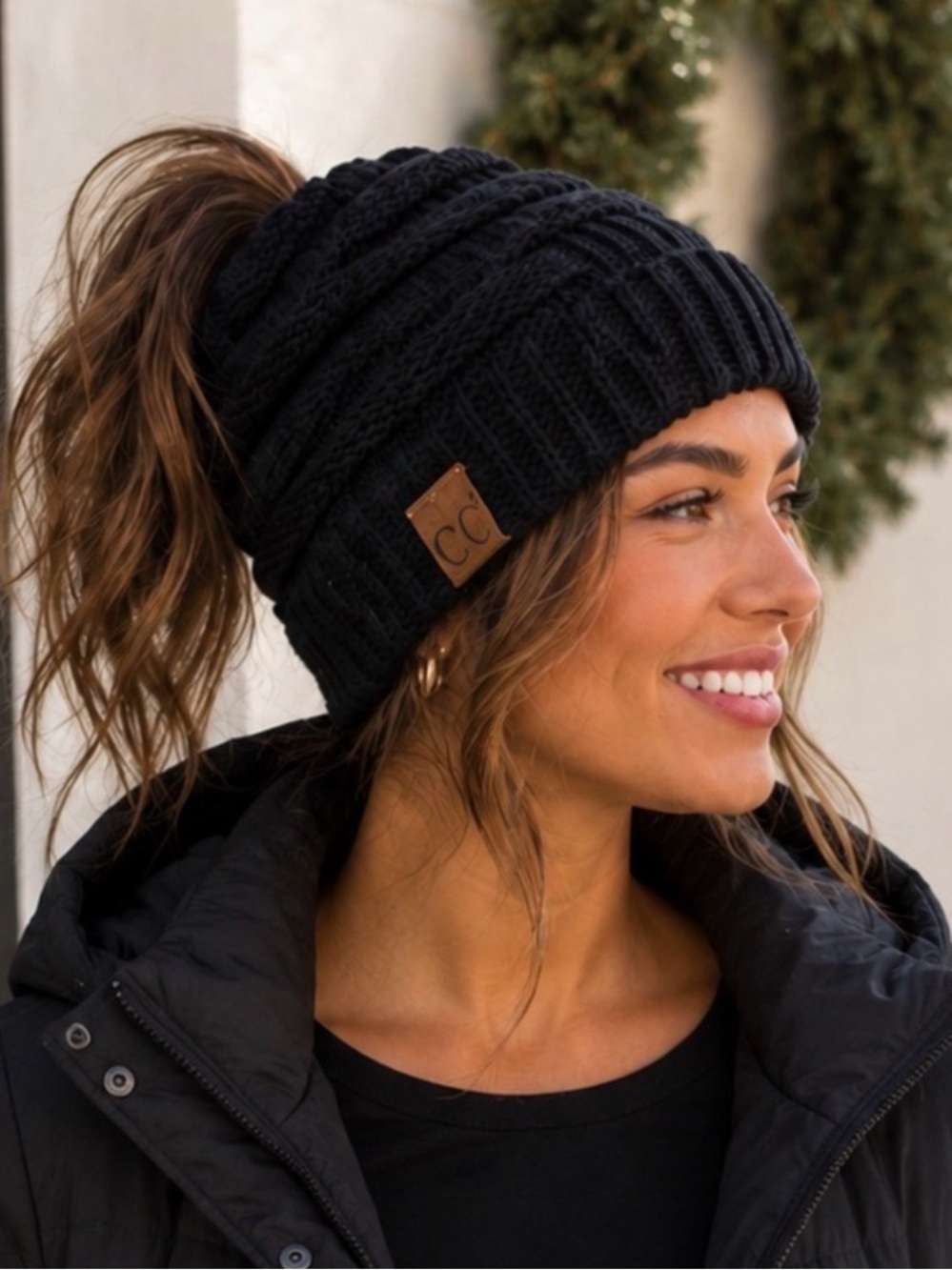 C.C. Cable knit Messy Bun Beanie